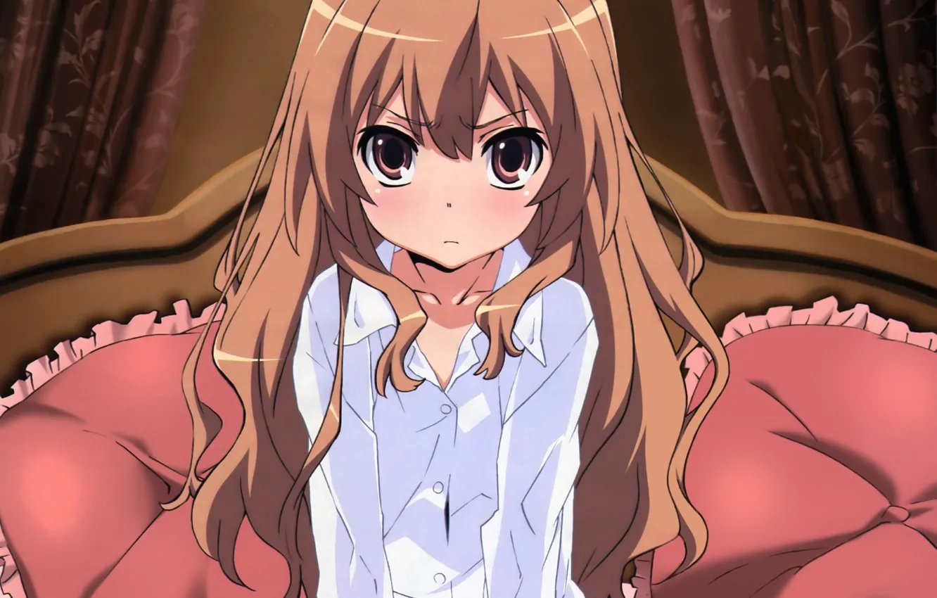 Фото обои девушка, подушки, Аниме, рубашка, шторы, Aisaka Taiga, Toradora