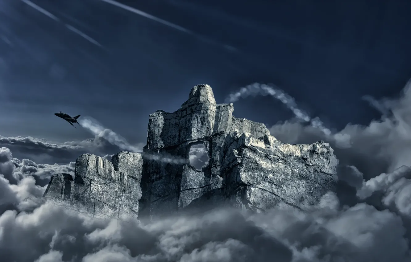 Фото обои облака, полет, скала, самолет, гора, дыра, истребитель, арт