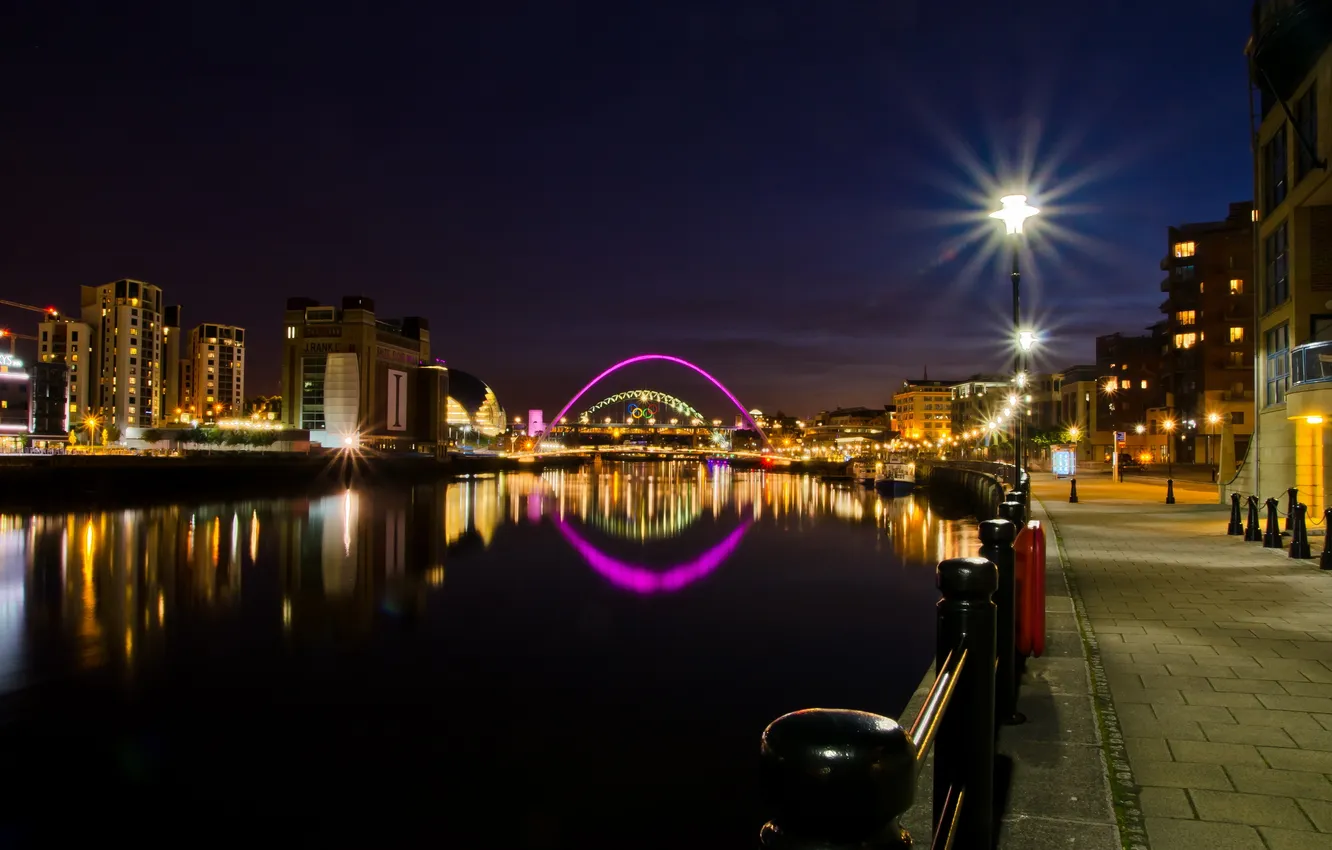 Фото обои ночь, мост, город, река