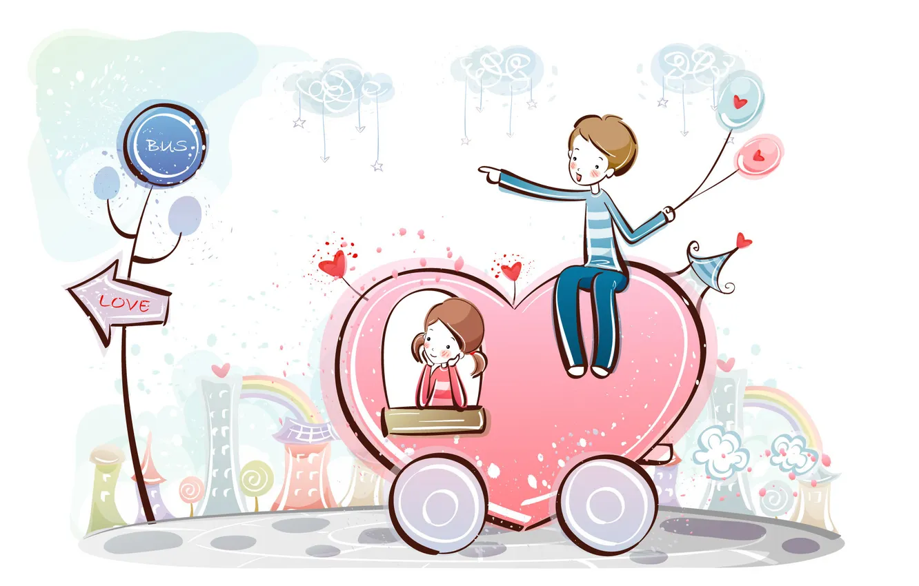 Фото обои сердце, рисунок, мальчик, девочка, сердечки, love, колёса