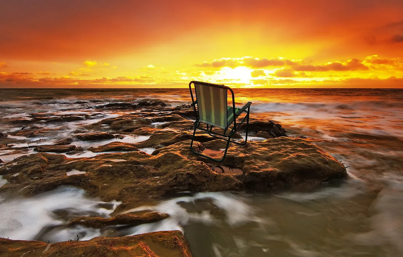 Фото обои море, пейзаж, закат, кресло