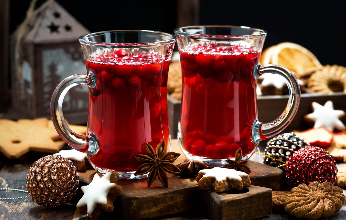 Фото обои ягоды, шары, печенье, Рождество, Новый год, напиток, hot, кружки
