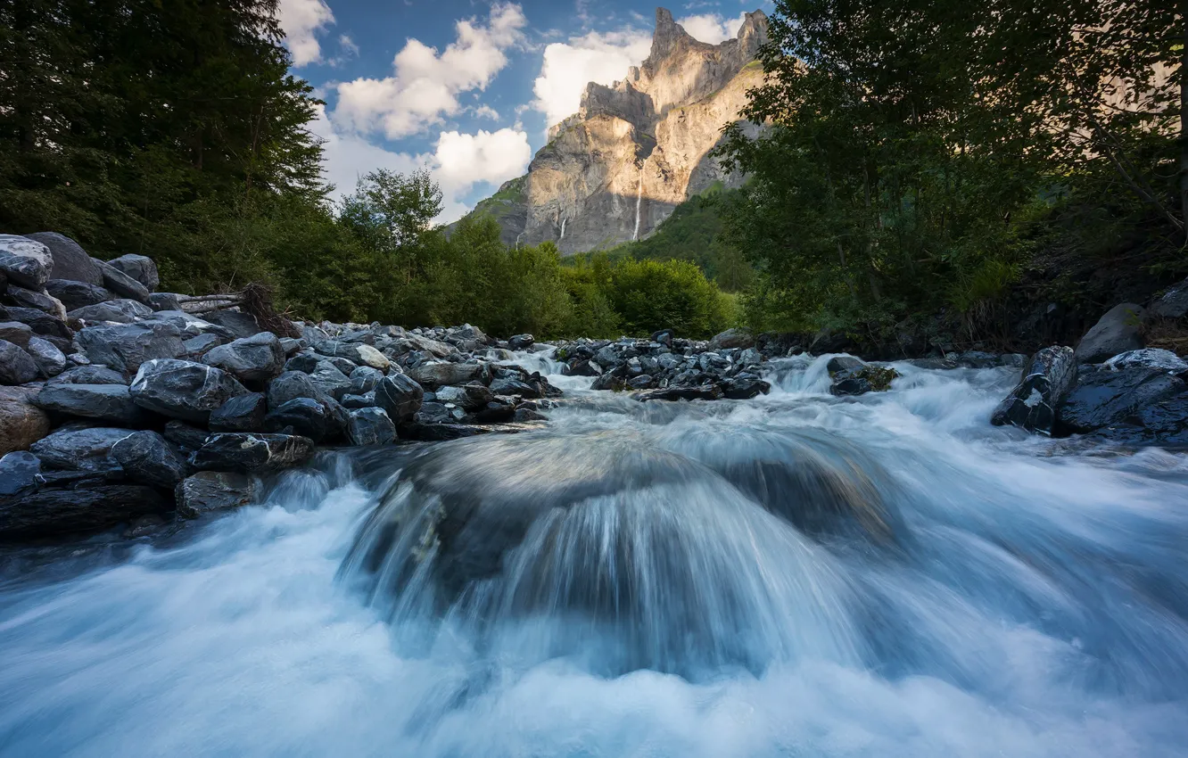 Фото обои пейзаж, горы, природа, река, камни, течение, Франция, Альпы