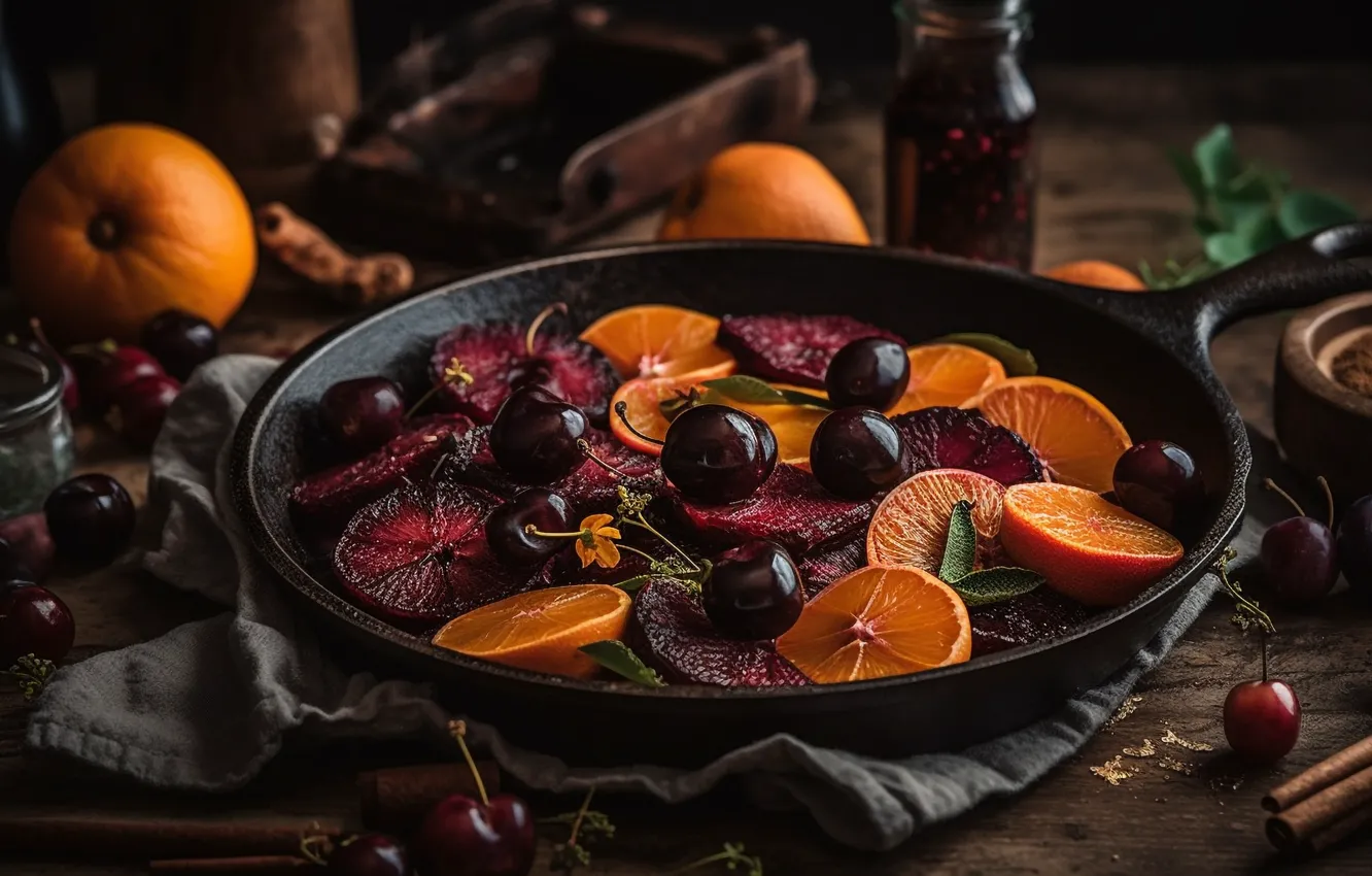 Фото обои вишня, ягоды, стол, еда, ткань, натюрморт, россыпь, черешня