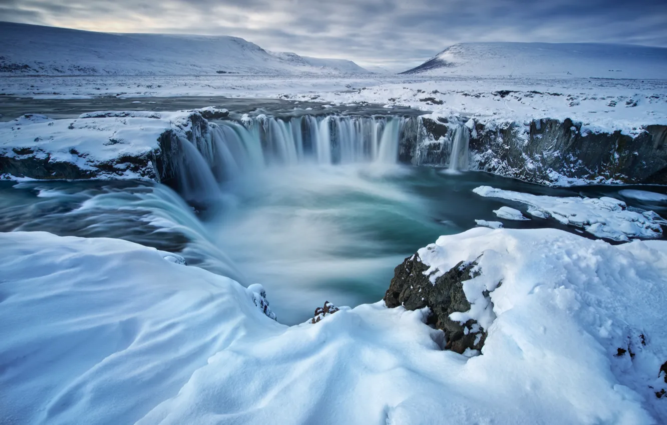 Фото обои зима, водопад, Исландия, Godafoss