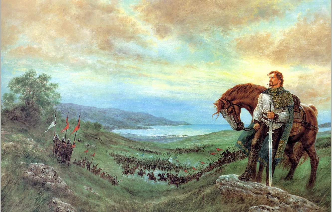Фото обои конь, картина, воин, битва, The Last Prince of Ireland, сеча, Luis Roy