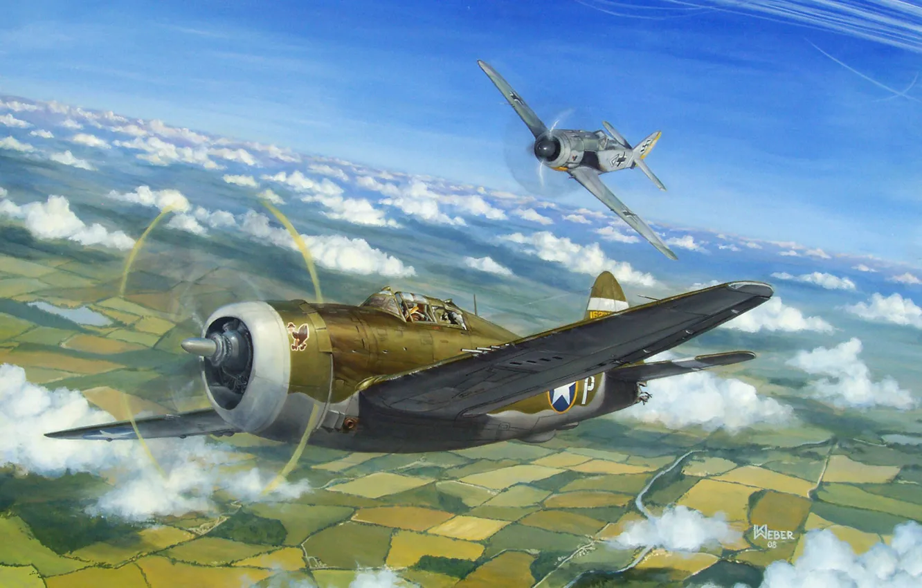 Фото обои небо, рисунок, арт, истребители, американский, самолёты, немецкий, воздушный бой