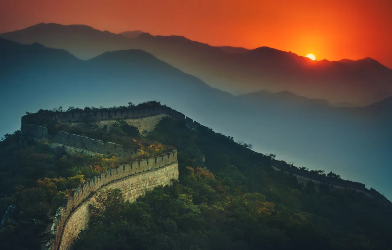 Фото обои небо, солнце, закат, горы, стена, hdr, Китай