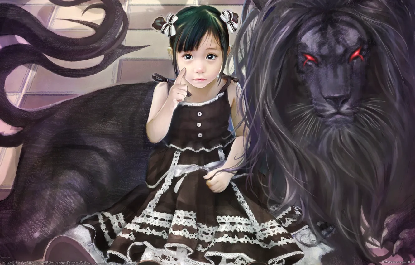 Фото обои рисунок, Девочка, черный лев