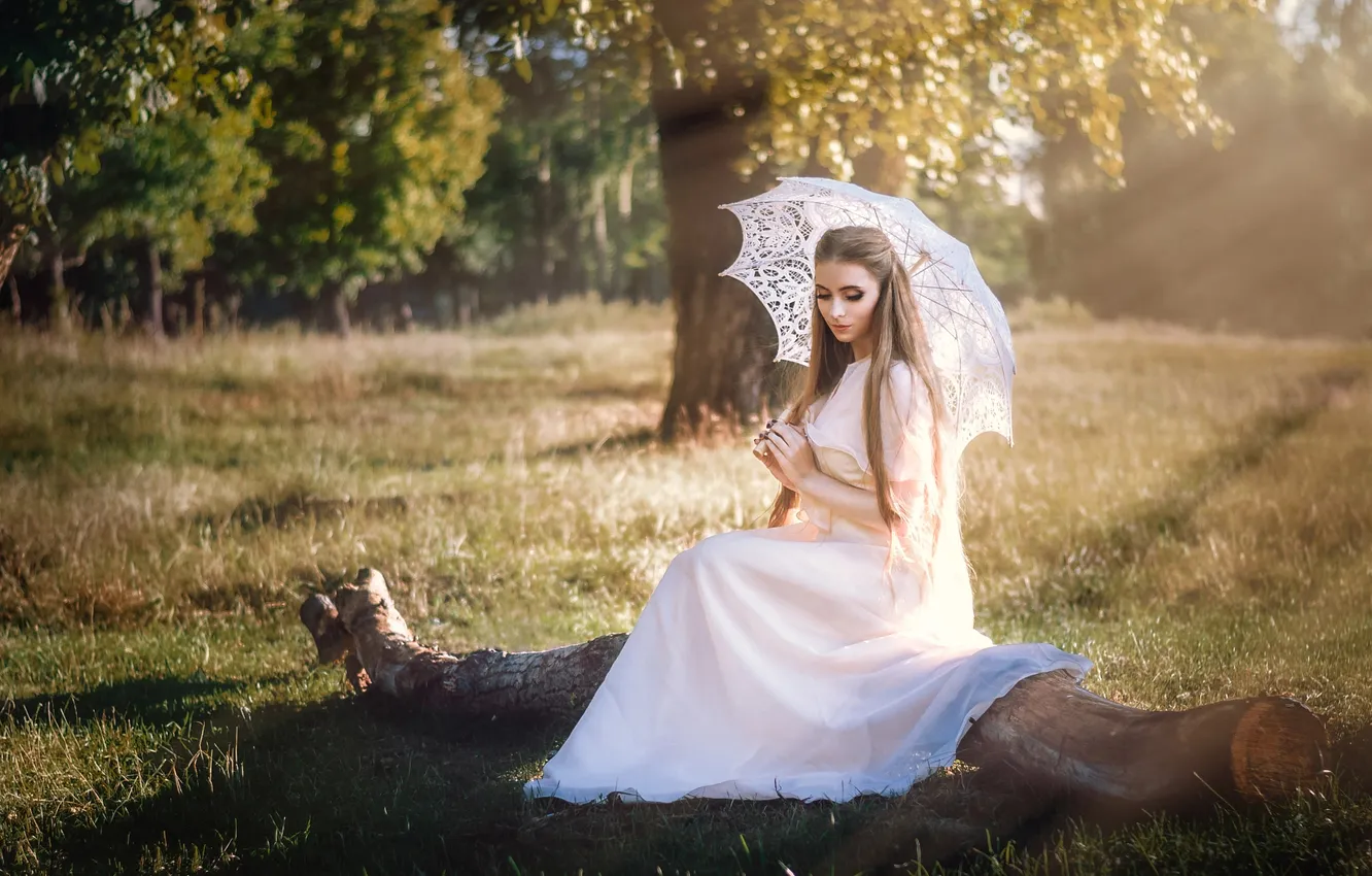 Фото обои девушка, природа, поляна, зонт
