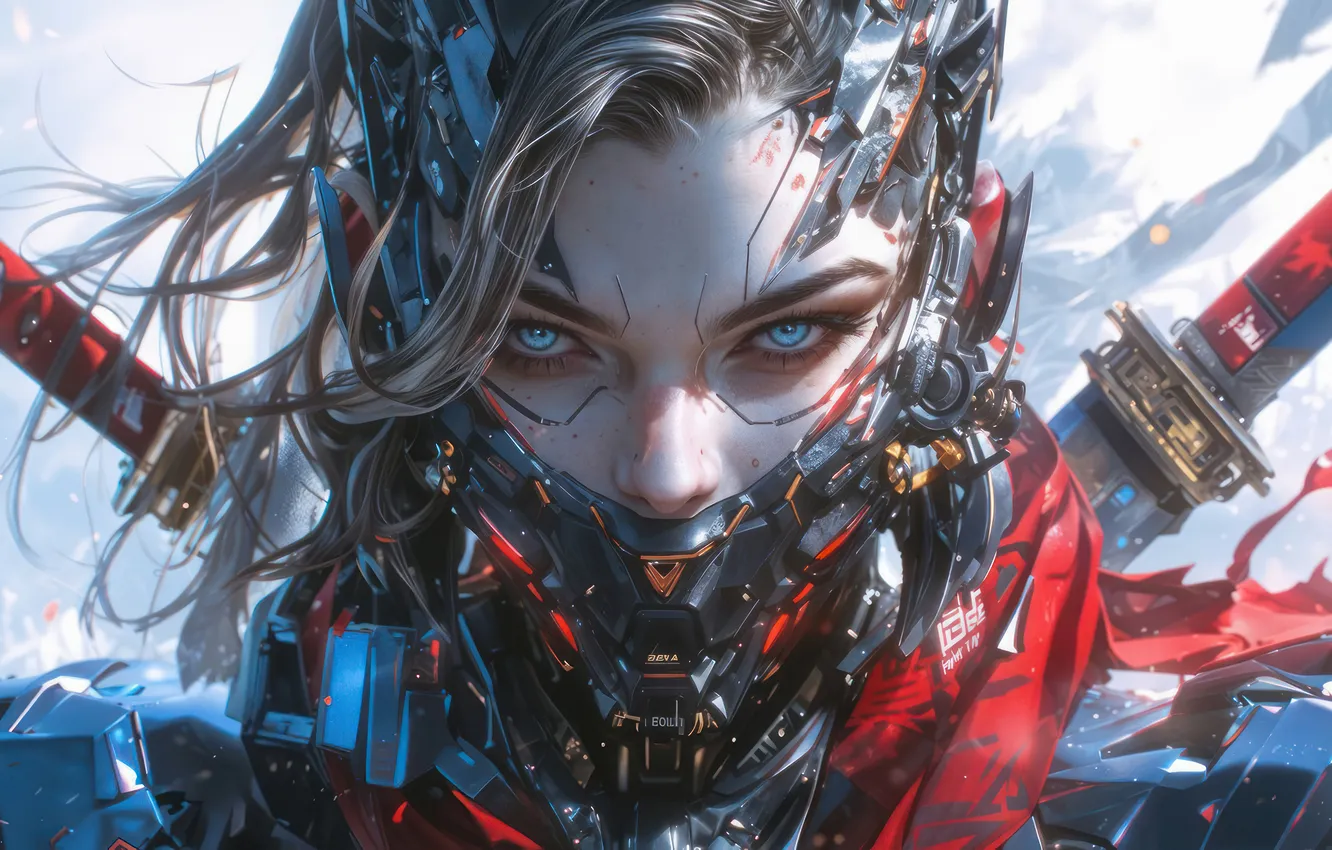 Фото обои Girl, Warrior, Katana, Sci-Fi, Cyberpunk, AI Art, AI Generated