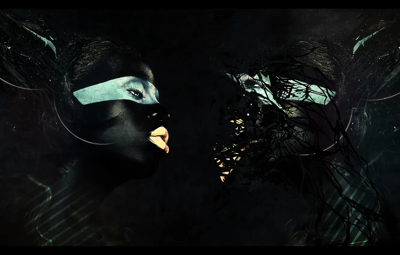 Фото обои осколки, лицо, креатив, краска, арт, черная, art