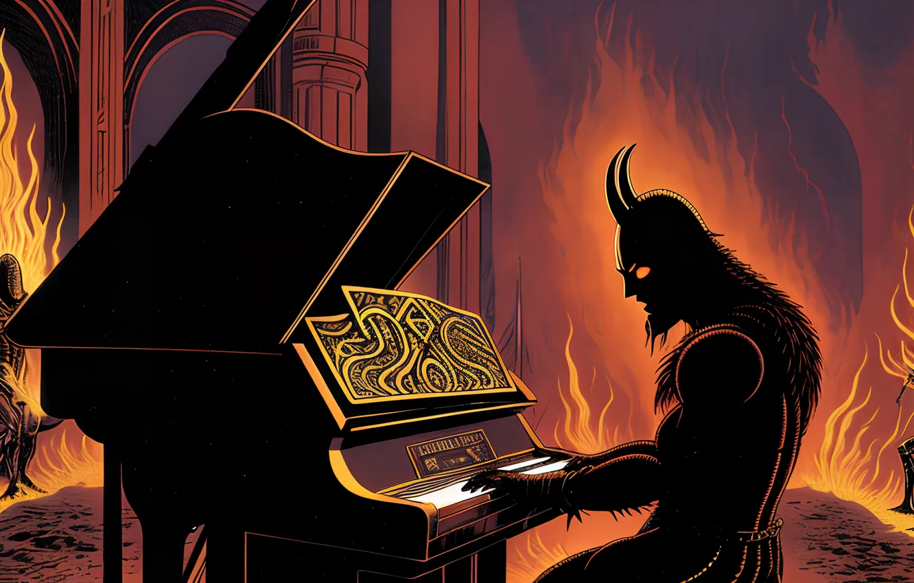 Фото обои wallpaper, Fantasy, Fire, Music, Piano, Demon