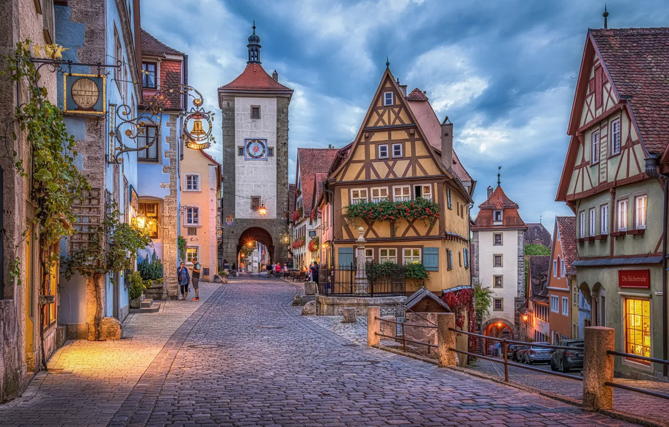 Фото обои улица, здания, башня, дома, Германия, Бавария, площадь, мостовая