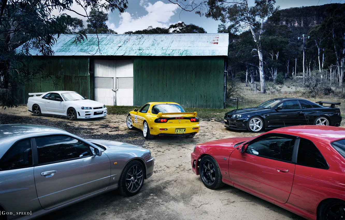 Фото обои Мазда, Ниссан, Mazda, RX-7, R34, GT-R V.spec N1, GTt, GT-R V.spec II