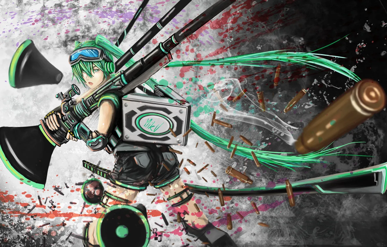 Фото обои девушка, оружие, кровь, арт, пули, Hatsune Miku, Vocaloid, Вокалоид