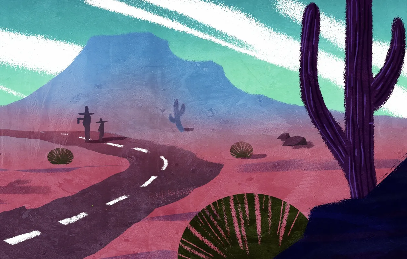 Фото обои дорога, пустыня, арт, кактусы, нарисованный пейзаж