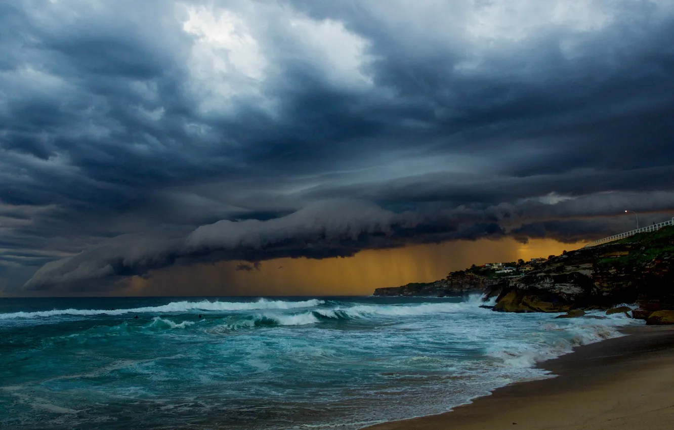 Фото обои waves, storm, beach, cloudy, raining, troubled sea