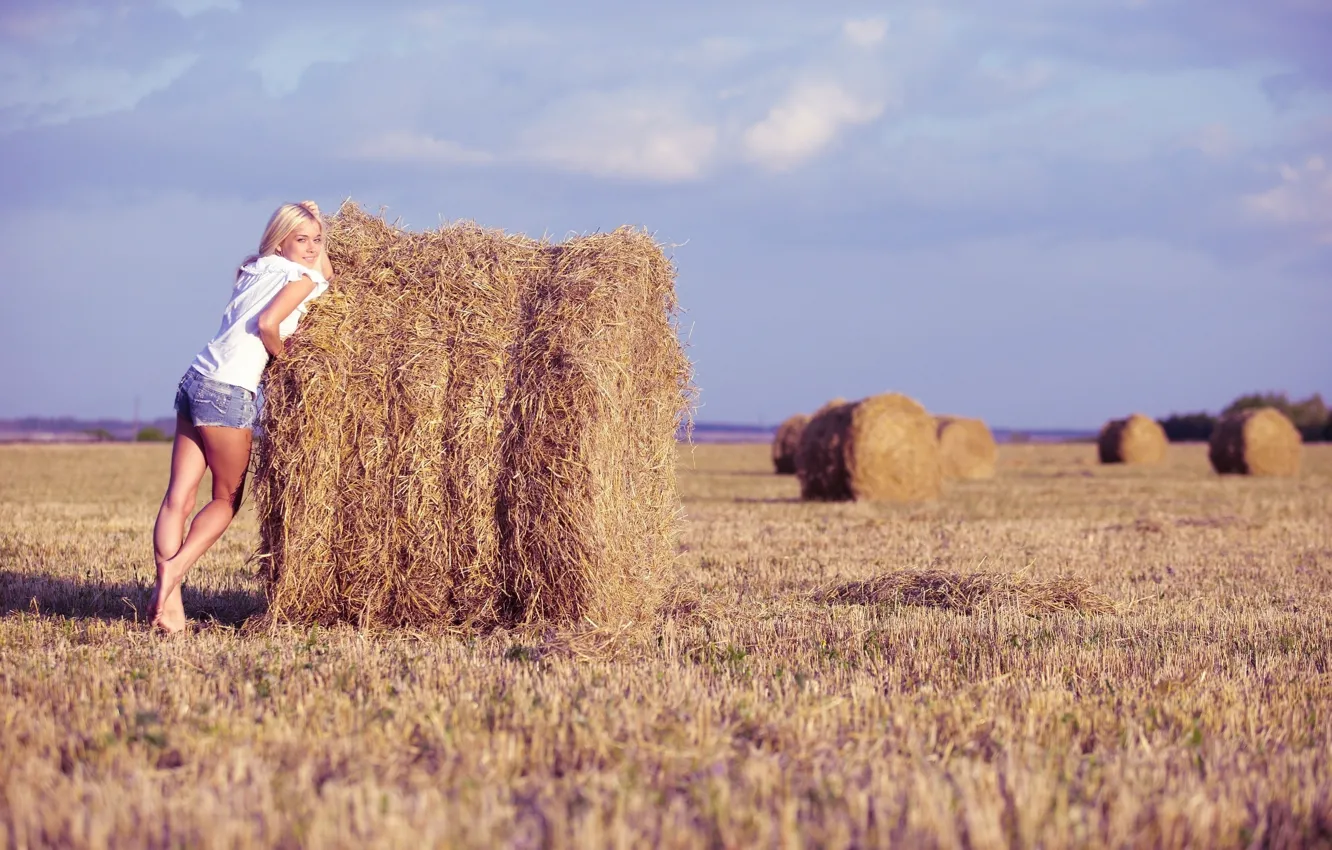 Фото обои поле, взгляд, Девушка, блондинка, сено, ножки.поза