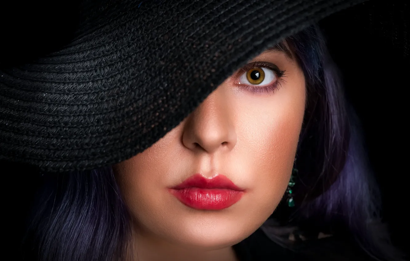 Фото обои девушка, крупный план, лицо, серьги, girl, шляпка, close-up, hat