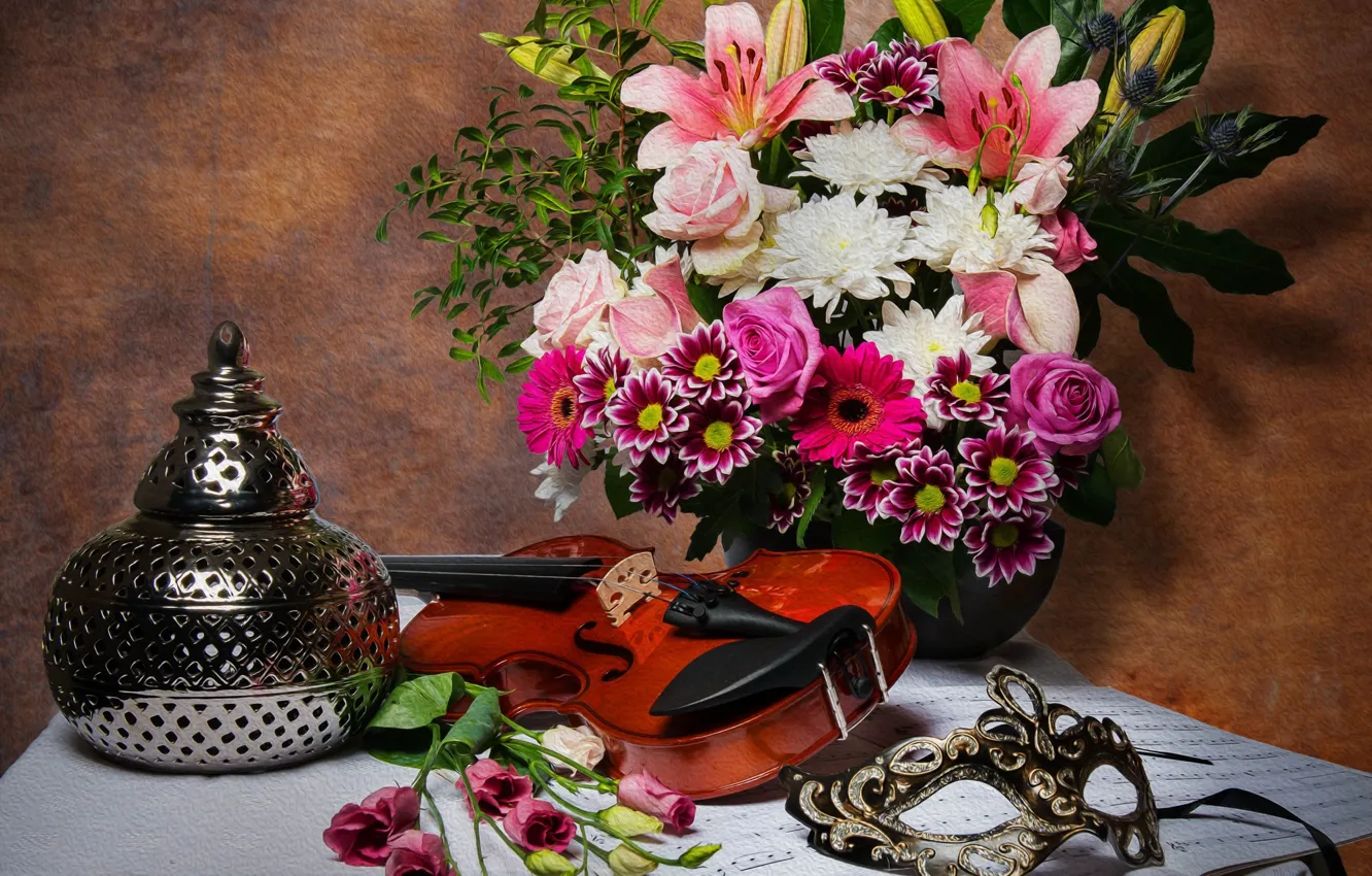 Фото обои скрипка, лилии, розы, букет, маска, натюрморт, хризантемы, Компьютерный дизайн