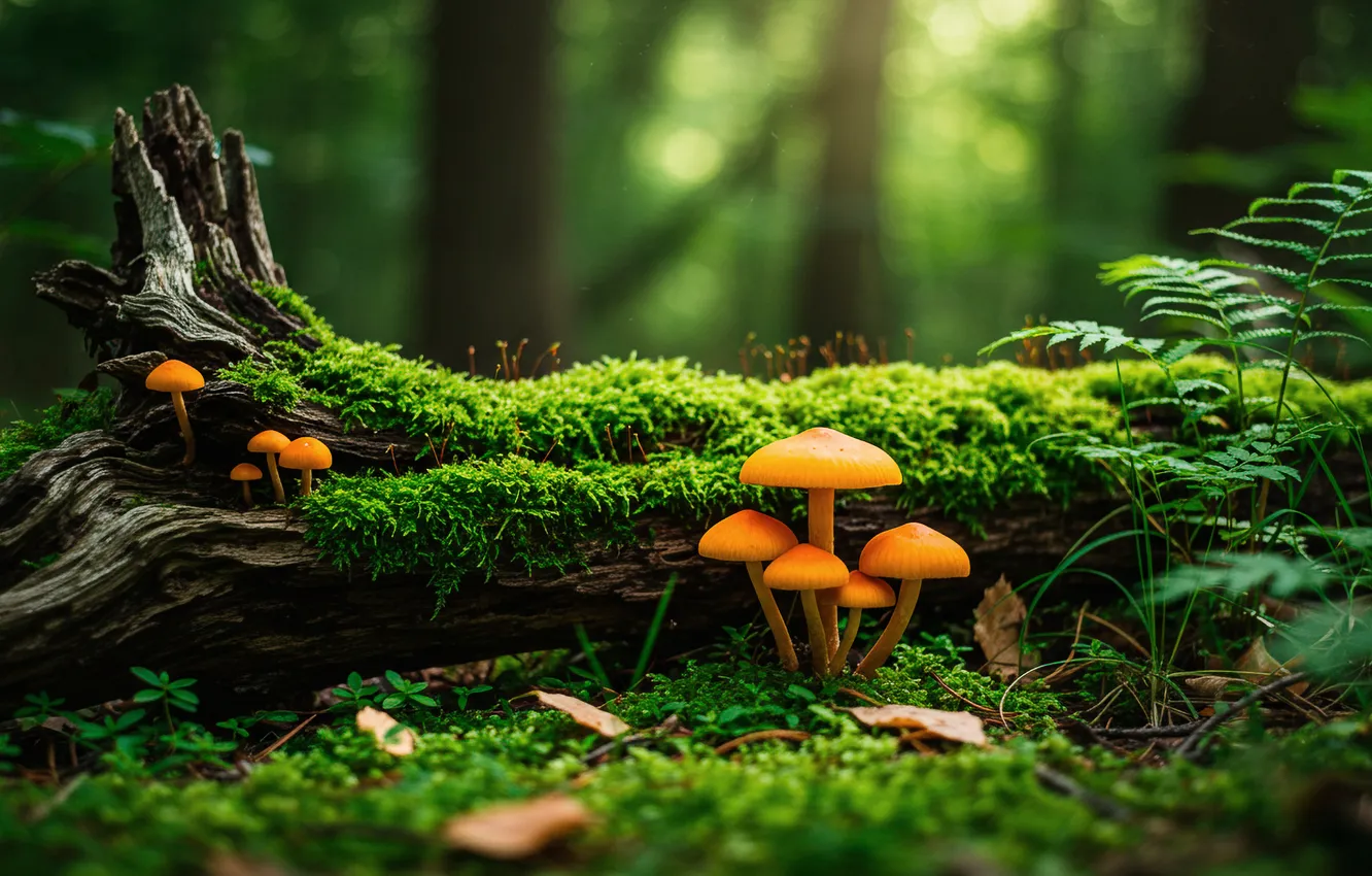 Фото обои лес, обои, грибы, мох, wallpaper, коряга, forest, папоротник