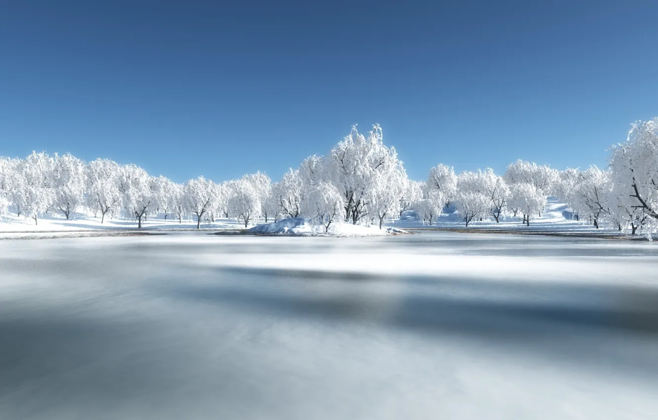 Фото обои зима, лес, снег, река