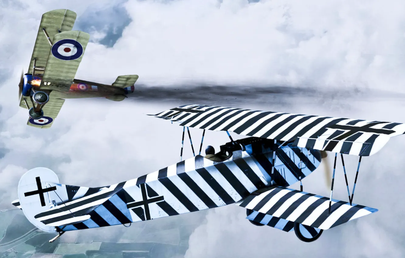 Фото обои графика, арт, Fokker D.VII, Hans Kirschstein, Sopwith Camel, camel in flames, roen911