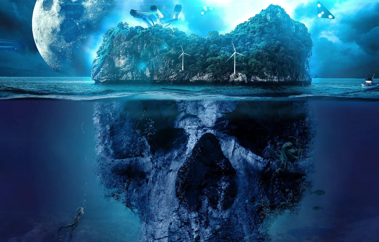 Фото обои море, девушка, остров, череп, камеры