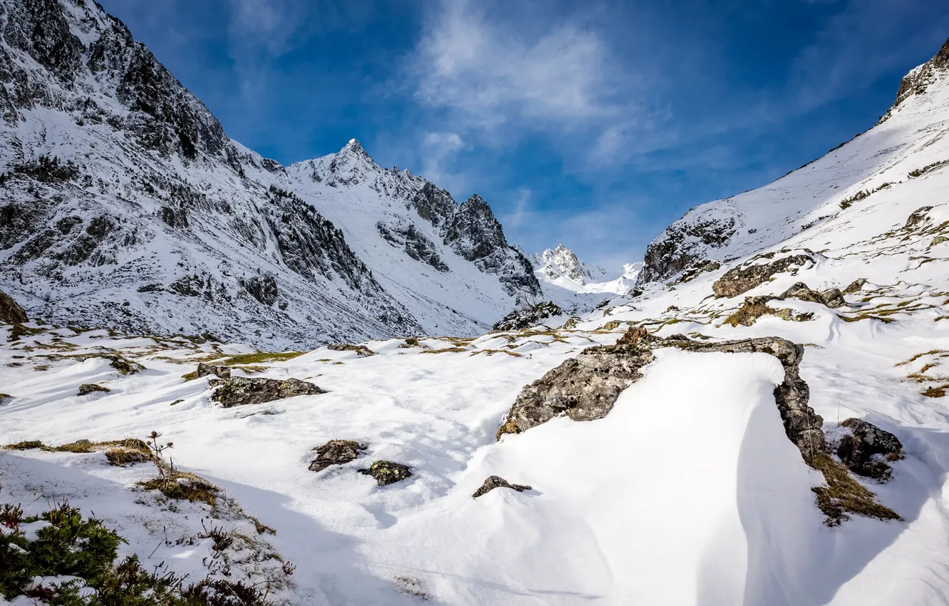 Фото обои зима, снег, скалы, Франция, Pyrenees