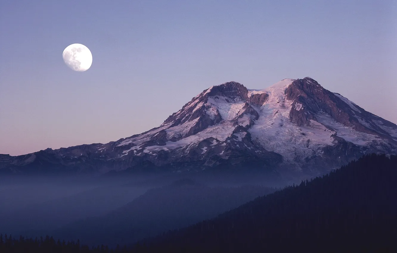Фото обои Луна, Гора, Туманец