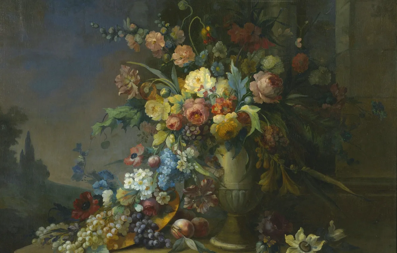 Фото обои цветы, розы, букет, виноград, ваза, персики, мальва
