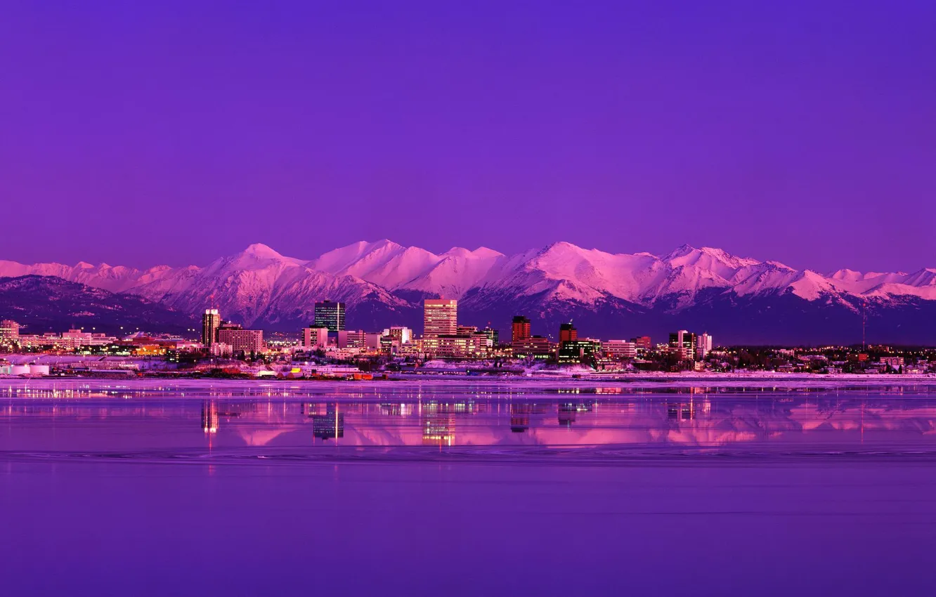 Фото обои горы, ночь, город, озеро, Аляска, вечерний, Анкоридж