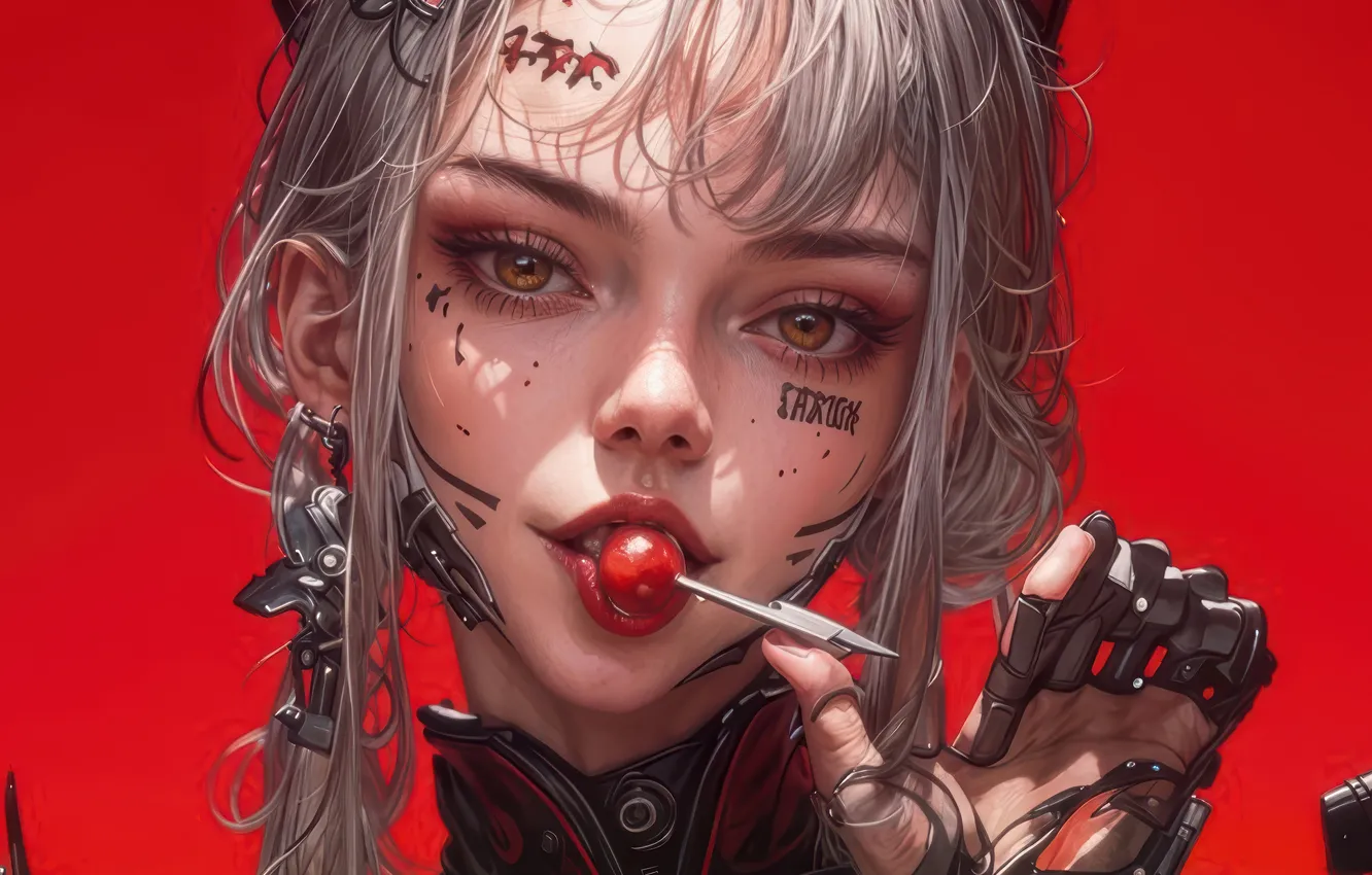 Фото обои Girl, Anime, Lollipop, Red Background, Cyberpunk, Anime Girl, AI Art, AI Generated