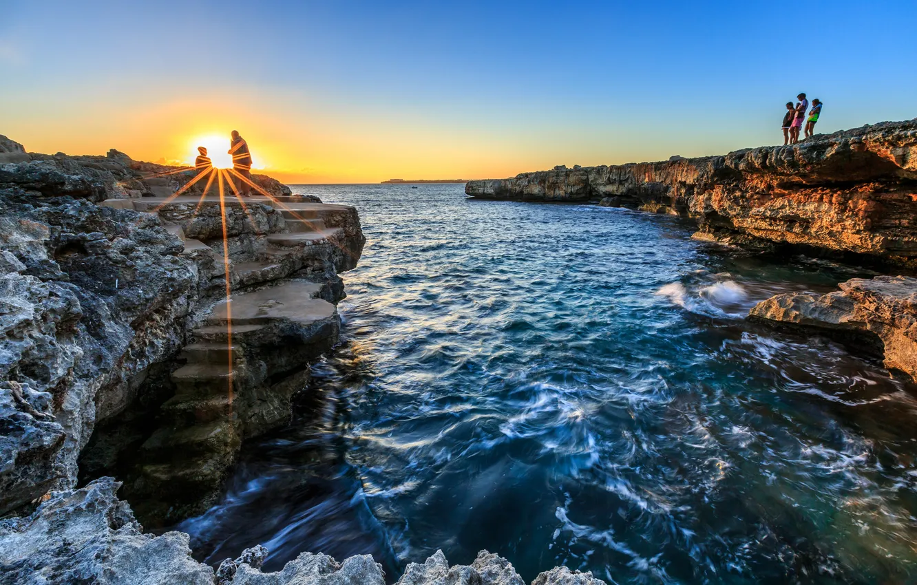 Фото обои океан, скалы, рассвет, прибой, Menorca, Cala Blanca