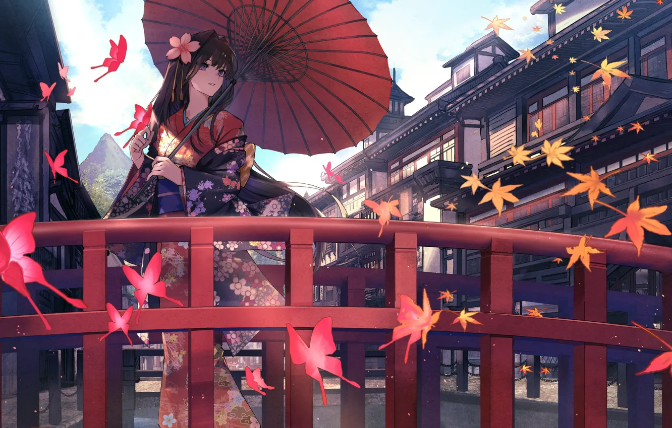 Фото обои бабочки, Япония, гейша, кимоно, красный зонт, осенние листья, на мосту, на улице города