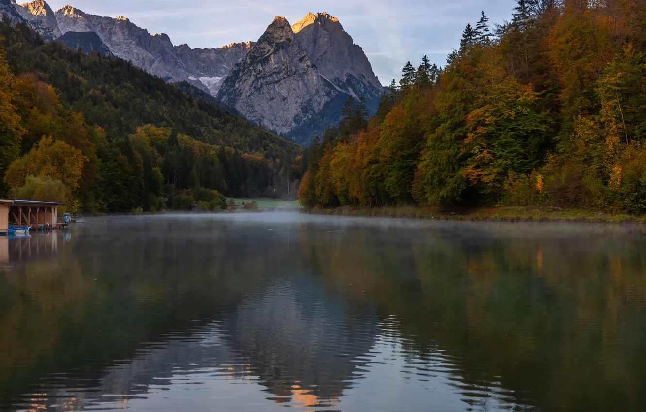 Фото обои деревья, горы, туман, озеро, утро, Евгения Чех, Riessersee