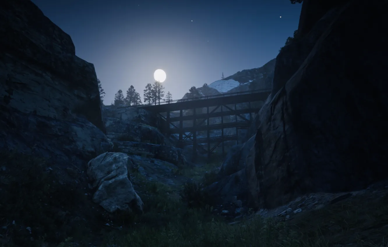 Фото обои HDR, Moon, Sky, Rock, Stars, Bridge, Night, Game