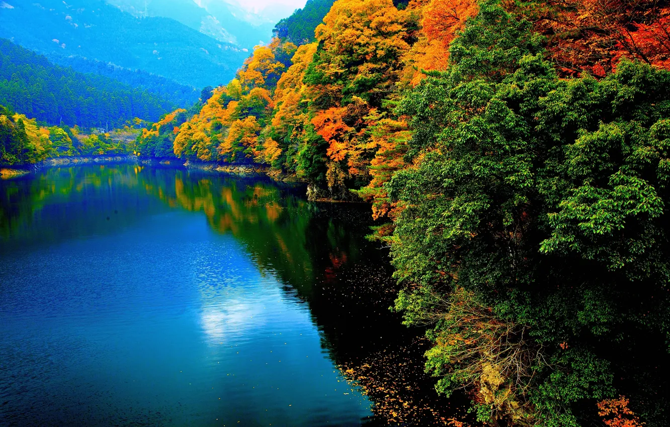 Фото обои осень, деревья, горы, озеро