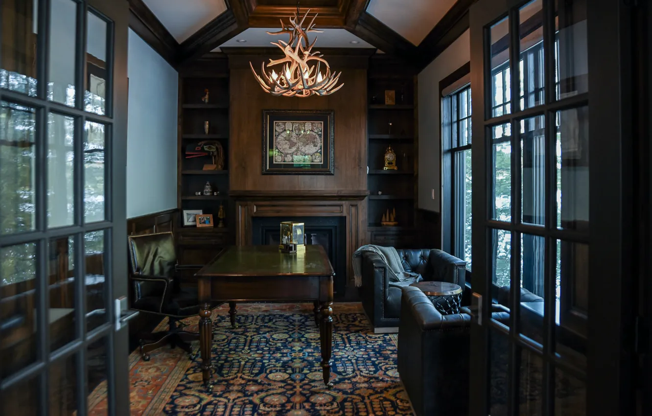 Фото обои дизайн, стиль, интерьер, камин, рабочий кабинет, домашний офис, office study, luxurious lake home