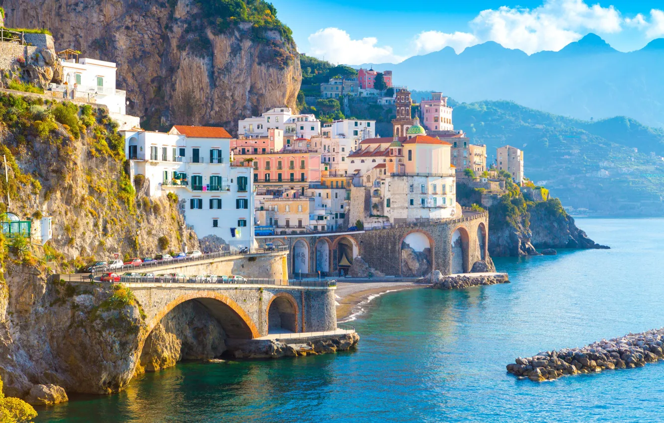 Фото обои море, горы, мост, дома, Италия, Амальфи, Атрани