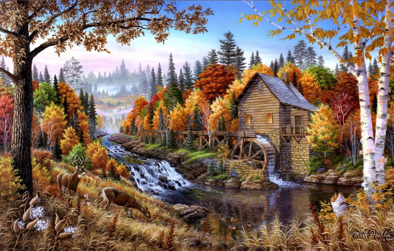 Фото обои осень, деревья, пейзаж, природа, река, арт, олени, водяная мельница