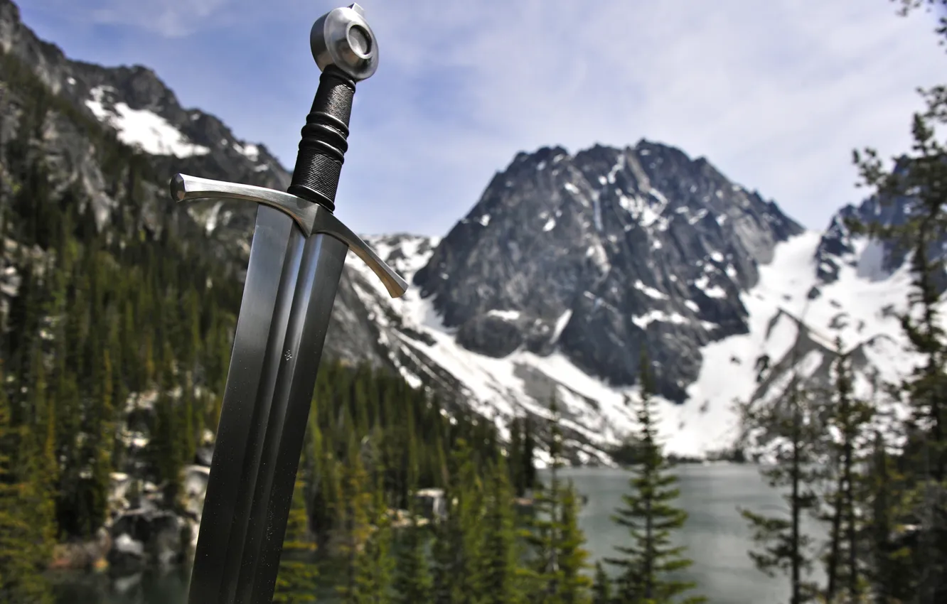 Фото обои лес, небо, горы, природа, оружие, сталь, меч, рукоятка