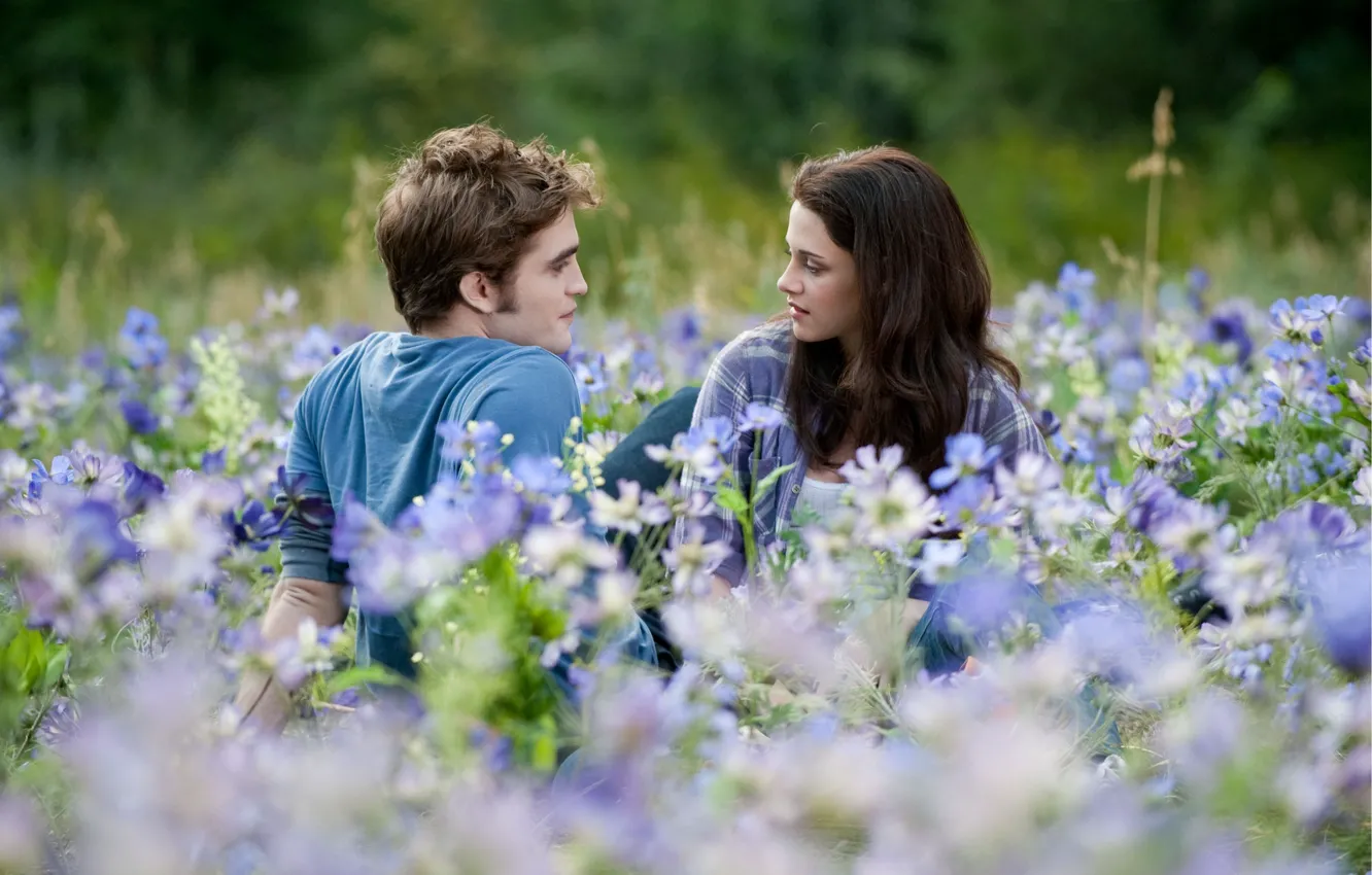 Фото обои поле, цветы, затмение, Kristen Stewart, сумерки, Robert Pattinson, двое, twilight