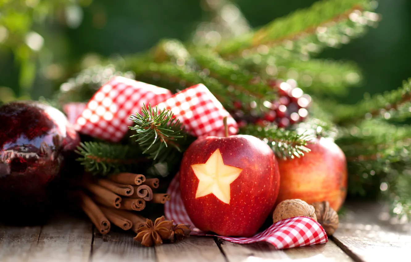 Фото обои зима, ветки, звезда, яблоко, Новый Год, Рождество, орехи, корица