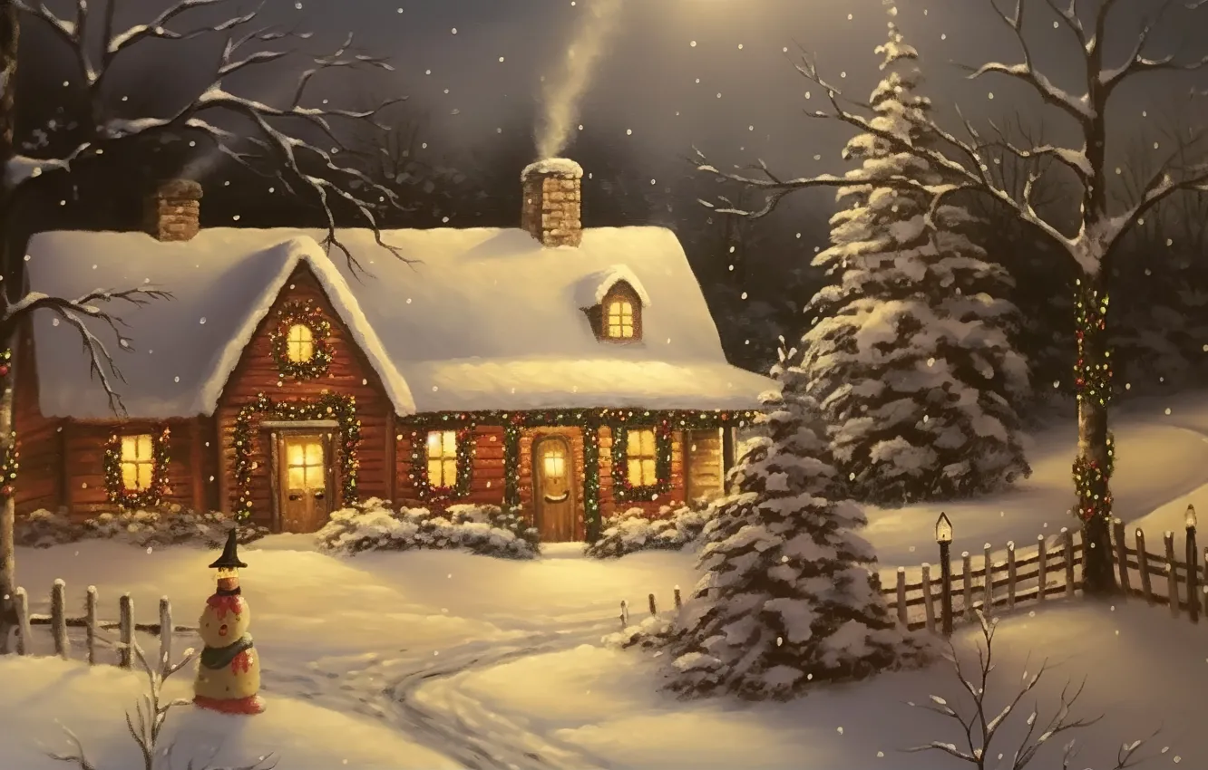 Фото обои зима, снег, ночь, lights, елка, Новый Год, Рождество, домик