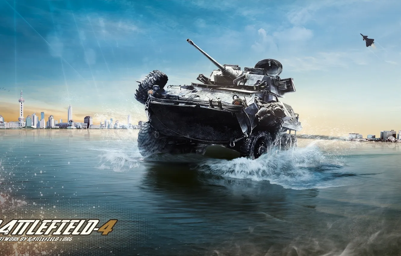 Фото обои море, город, война, танк, бтр, Battlefield 4