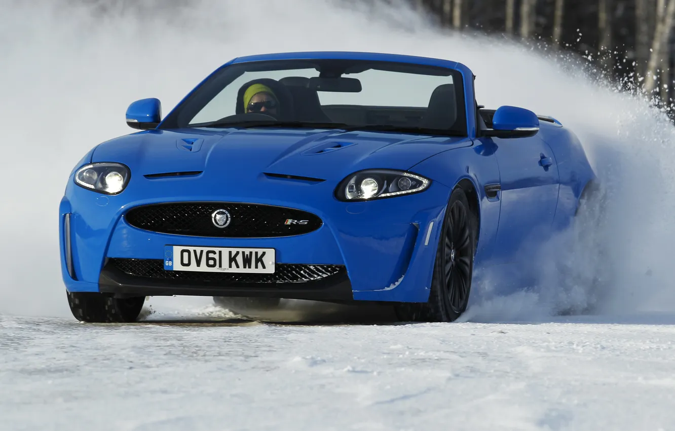 Фото обои снег, синий, jaguar, xkr-s, Convertible