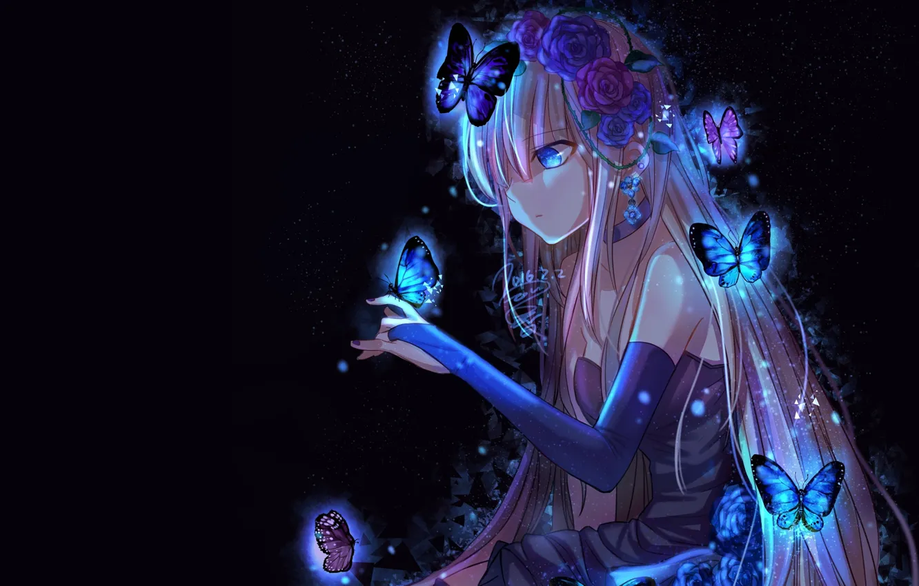 Фото обои девушка, бабочки, темнота, аниме, арт