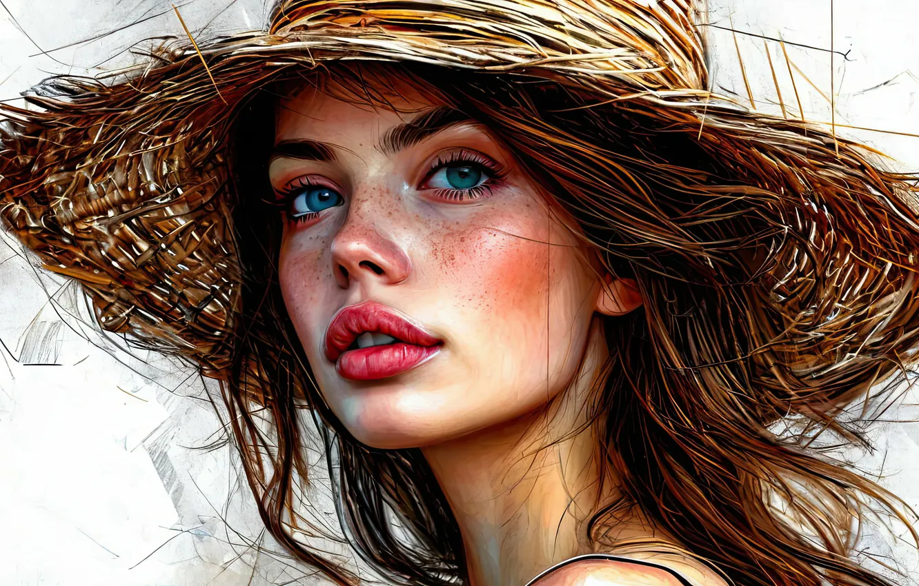 Фото обои girl, art, lips, face, portrait, straw hat